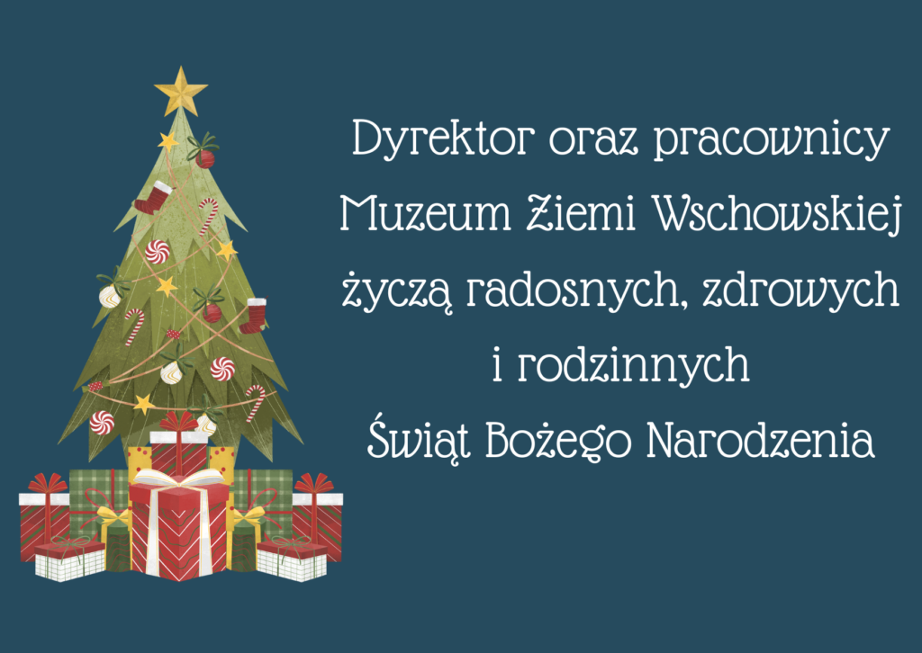 kartka z życzeniami świątecznymi. Po lewej stronie przystrojona choinka, a pod nią prezenty. po prawej stronie tekst z życzeniami.