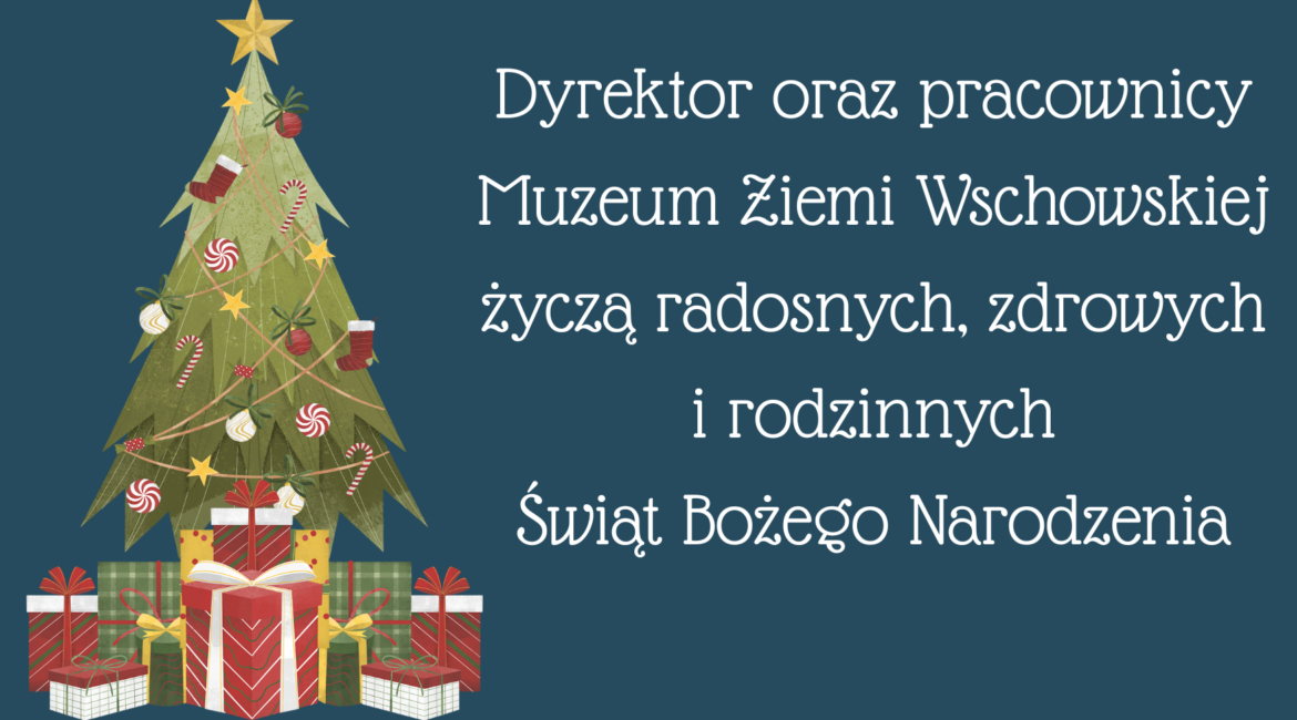 kartka z życzeniami świątecznymi. Po lewej stronie przystrojona choinka, a pod nią prezenty. po prawej stronie tekst z życzeniami.